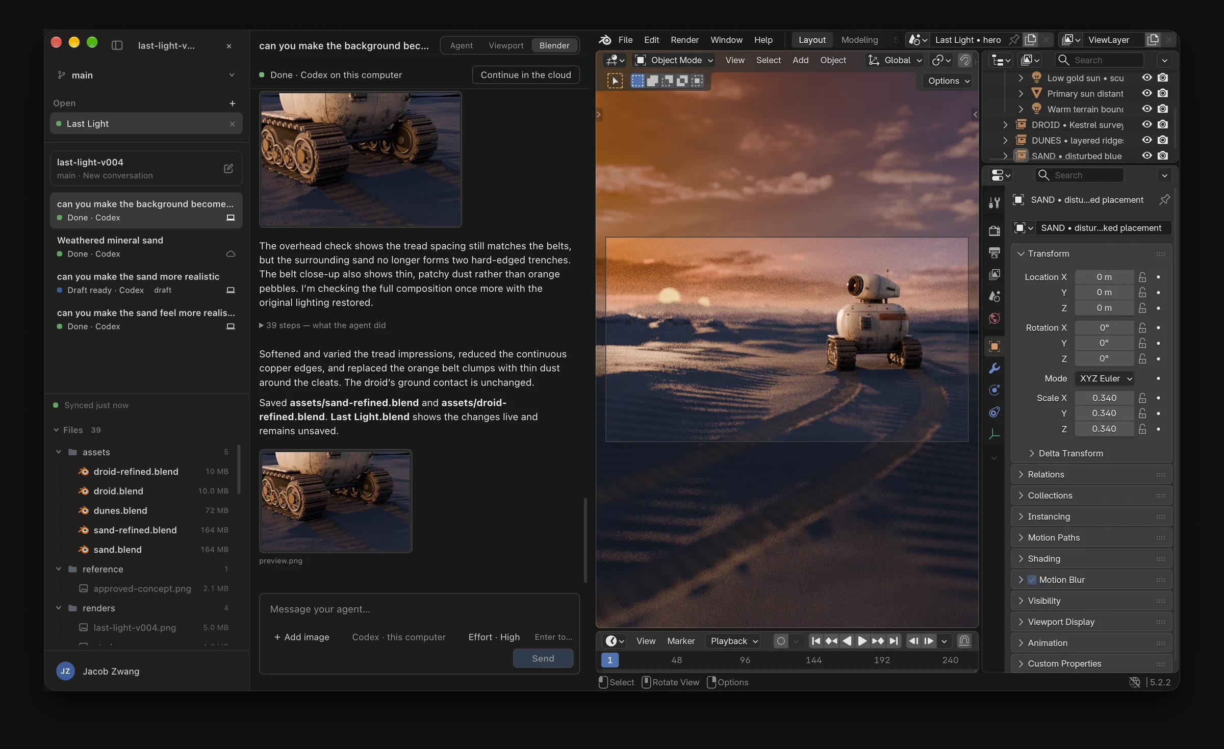 The Blendmux desktop app: the project's files and conversations on the left, an agent's report in the middle, and Blender with the Last Light scene on the right