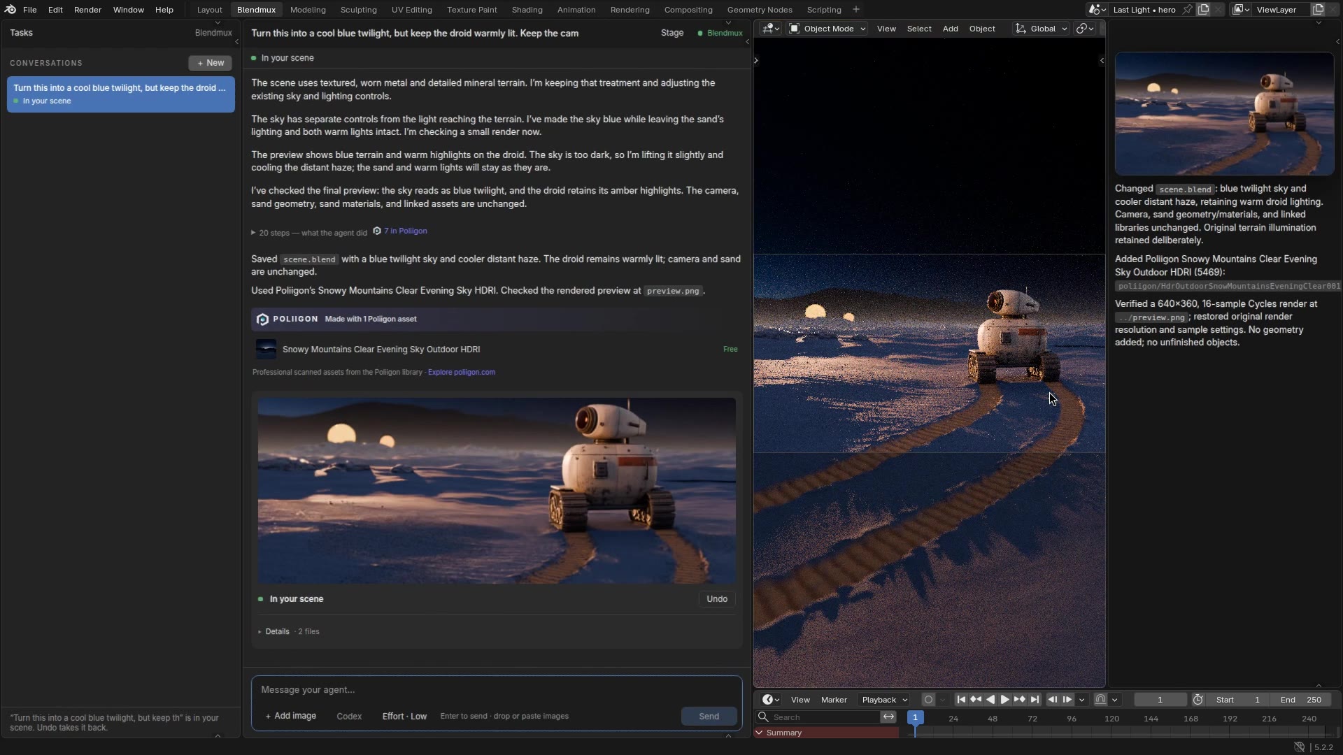 The Blendmux add-on with Chrome-rendered chat panels inside Blender, next to the agent's render