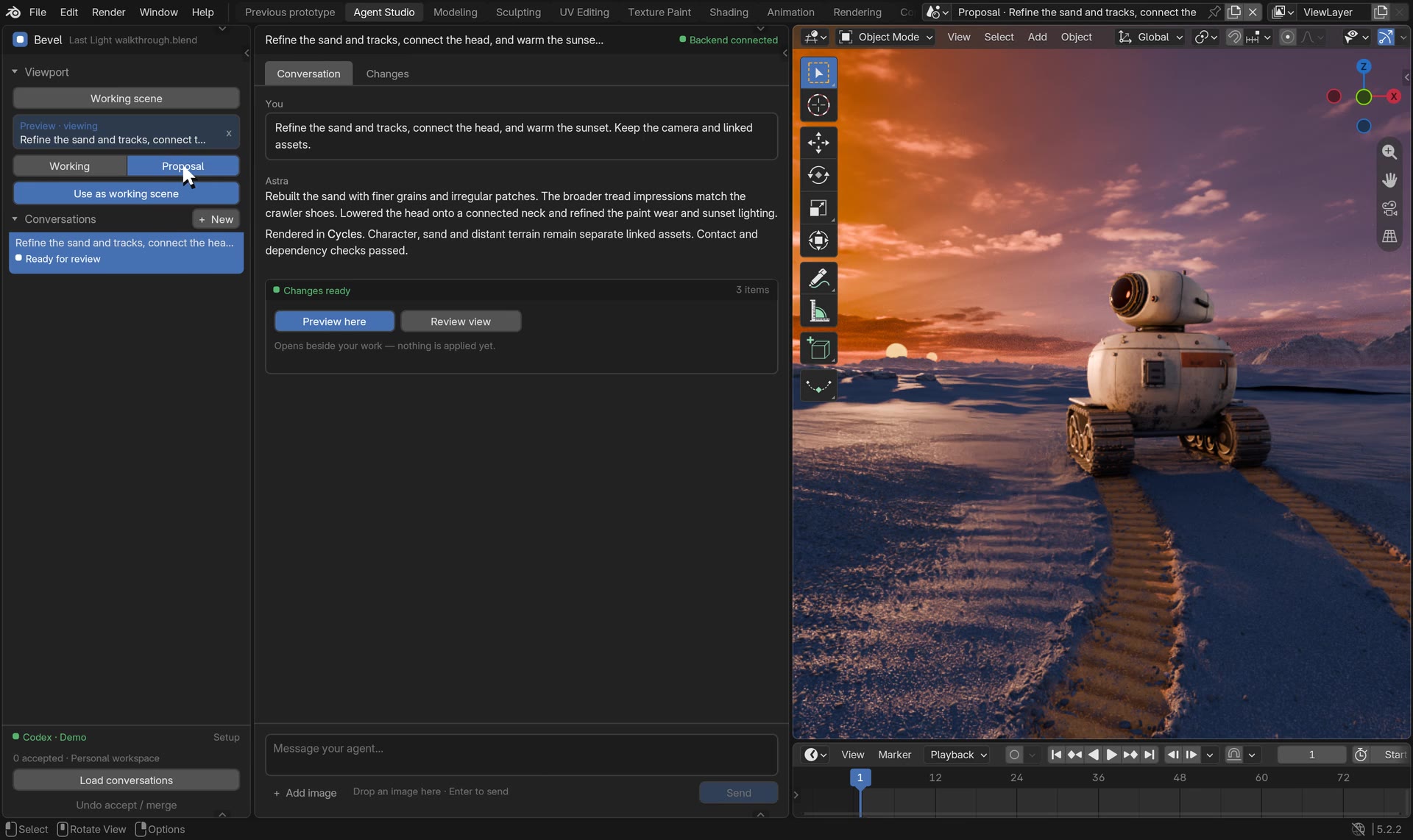 The first Blendmux add-on inside Blender, with its hand-drawn conversation panels beside the viewport